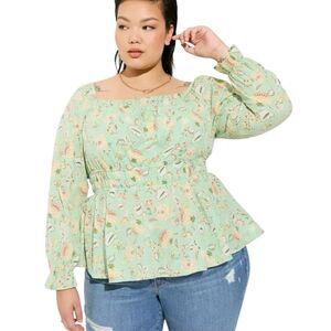 Torrid Blouse Womens 2X Green Floral Blouson Sleeve Smocked Babydoll Ruffle NEW